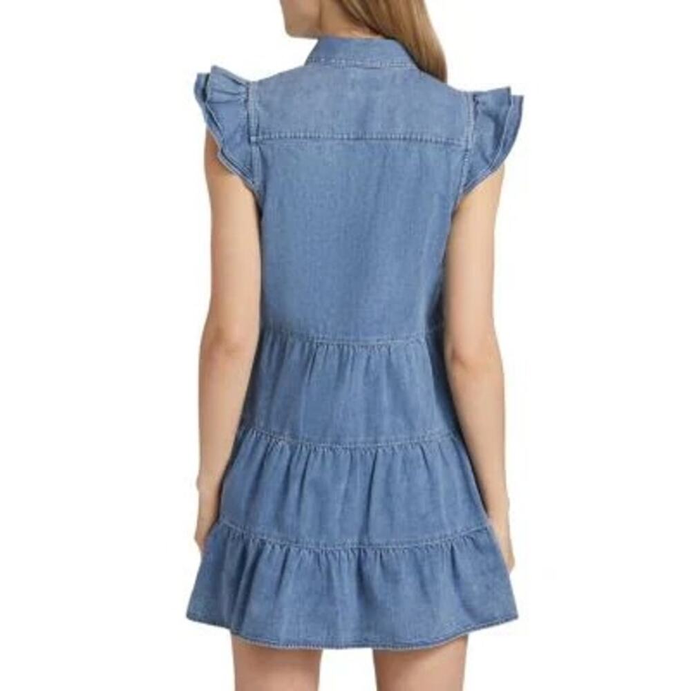New ALICE + OLIVIA Jem Denim Tiered Mini Shirt Dress in Large - Picture 2 of 13